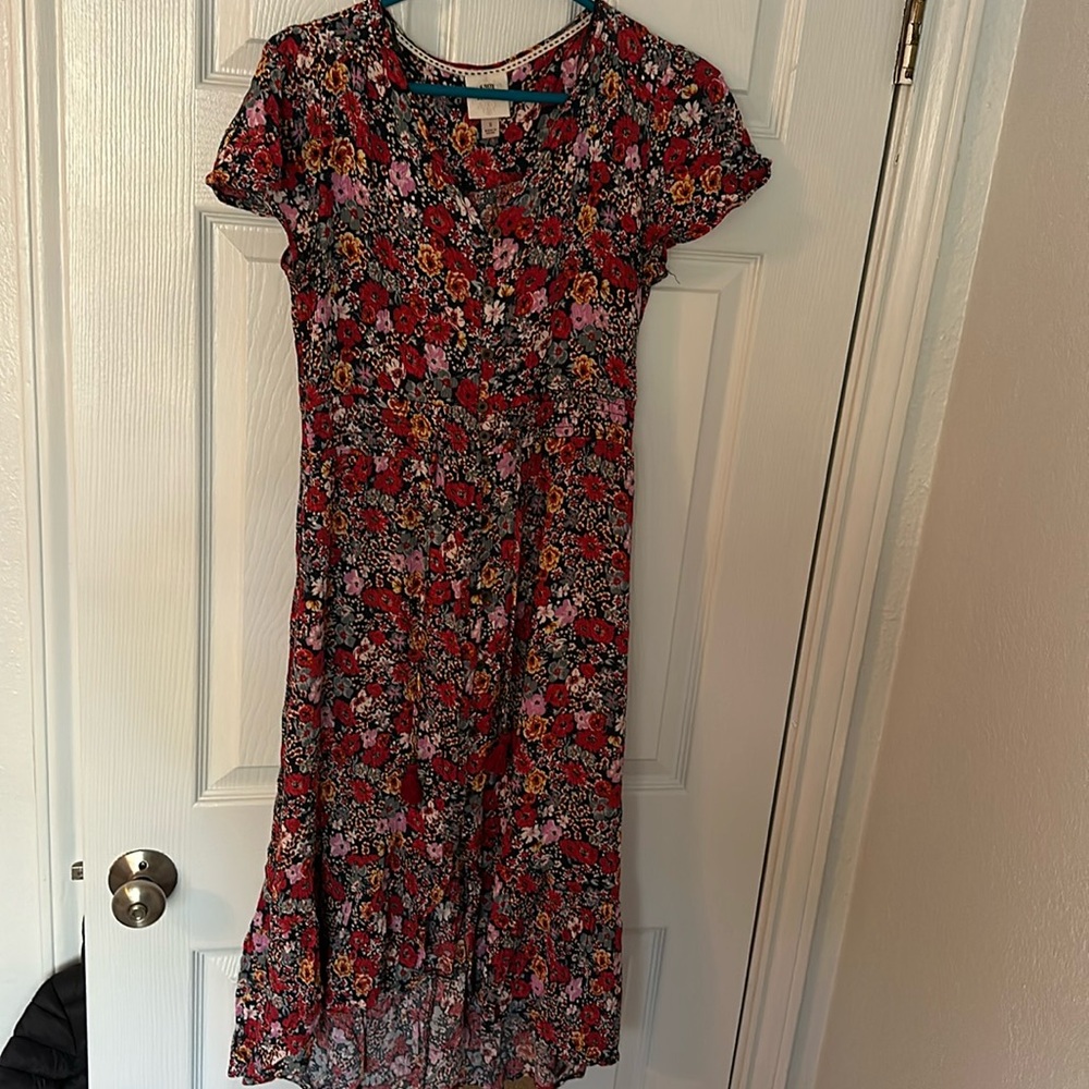 Red and pink Floral midi dress